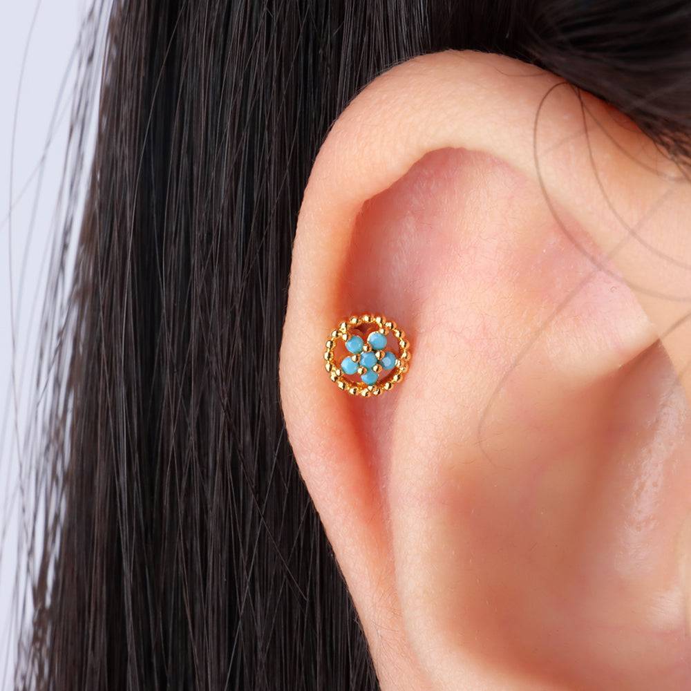 Delicate Turquoise Flower Stud - Stainless Steel - Upper Lobe, Helix, Flat - Oumo Jewelry