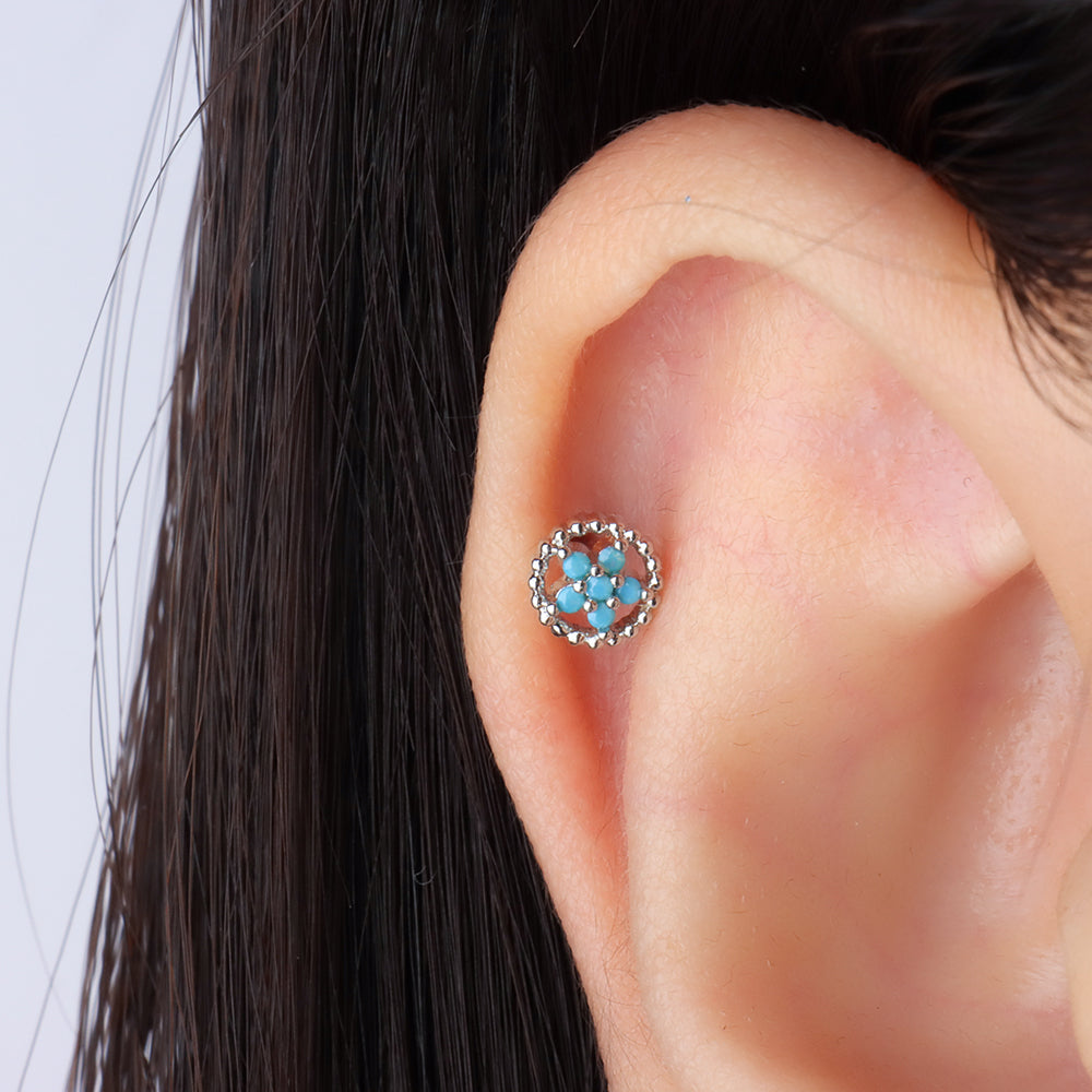 Delicate Turquoise Flower Stud - Stainless Steel - Upper Lobe, Helix, Flat - Oumo Jewelry