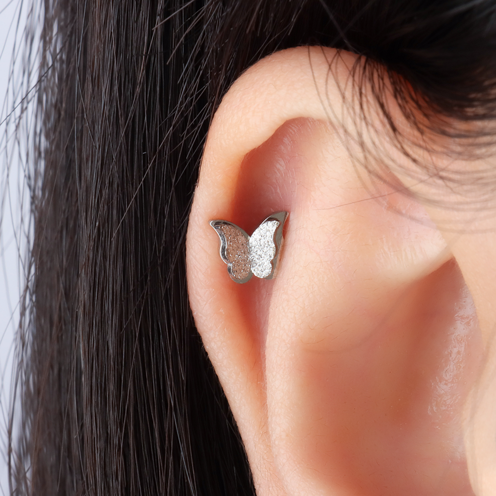 Double Butterfly Stud - Stainless Steel - Upper Lobe, Helix - Oumo Jewelry