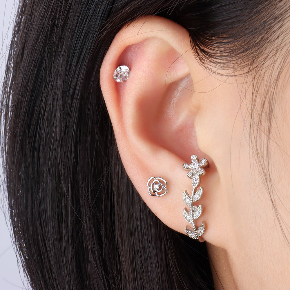 Flower Half Huggie Stud - Stainless Steel - Upper Lobe - Oumo Jewelry