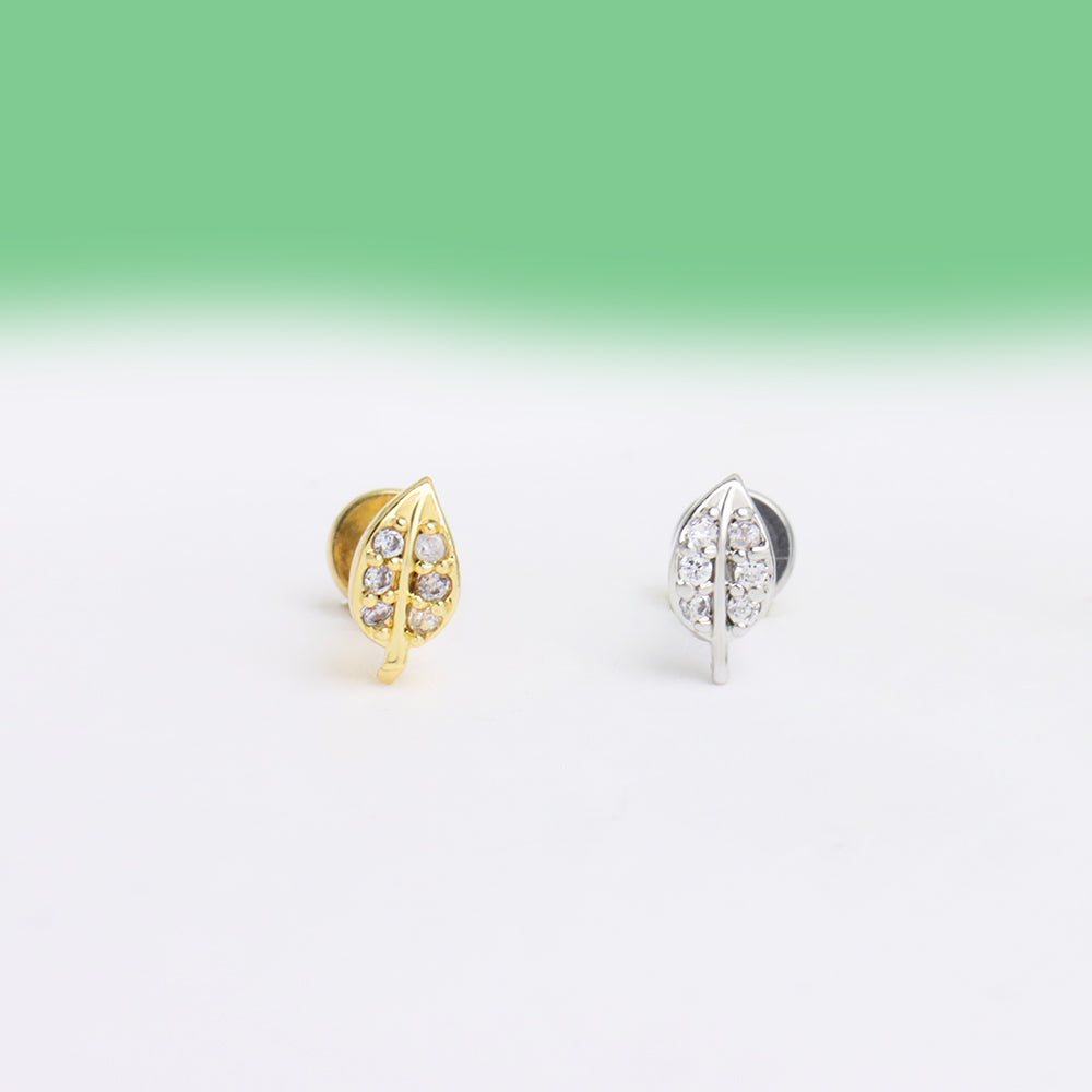 Gem Leaf Flatback Stud - Stainless Steel - Helix, Upper Lobe, Conch - Oumo Jewelry