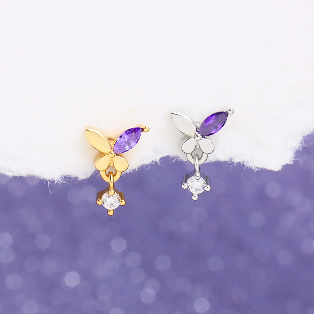 Glamor Purple Butterfly Drop - Stainless Steel - Upper Lobe - Oumo Jewelry
