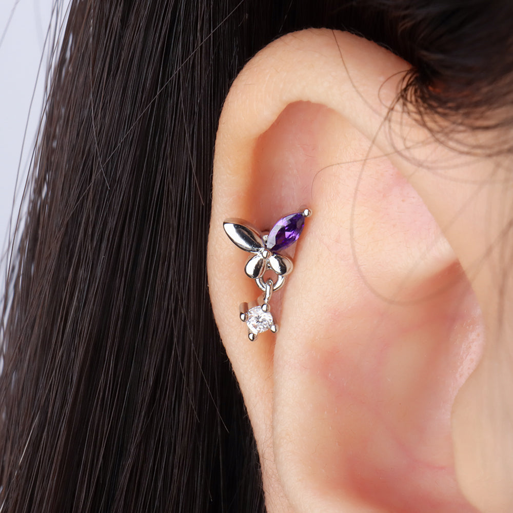 Glamor Purple Butterfly Drop - Stainless Steel - Upper Lobe - Oumo Jewelry