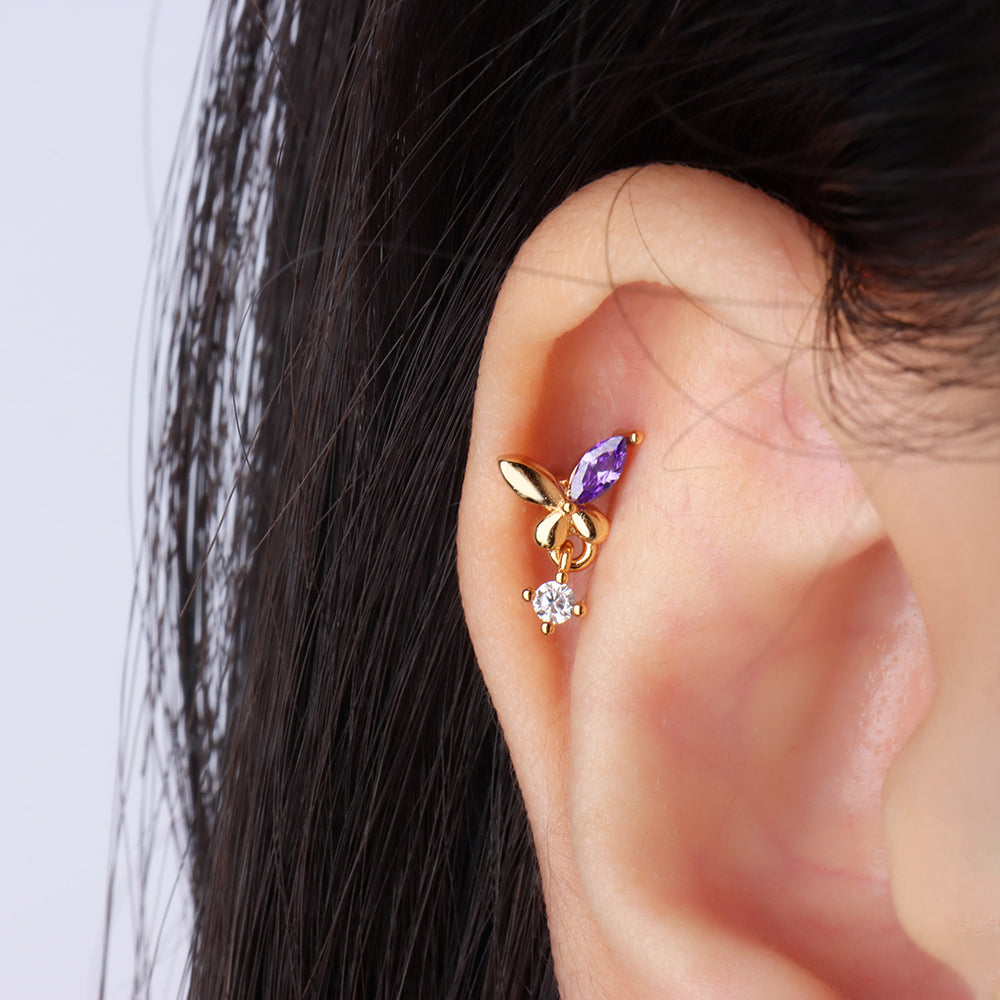 Glamor Purple Butterfly Drop - Stainless Steel - Upper Lobe - Oumo Jewelry