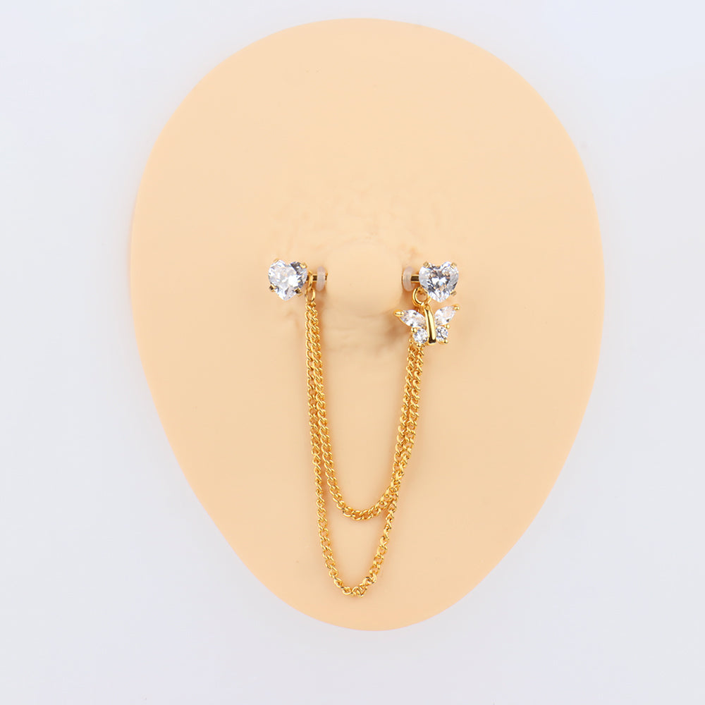 Heart Butterfly Chain Nipple Rings - Stainless Steel - Oumo Jewelry