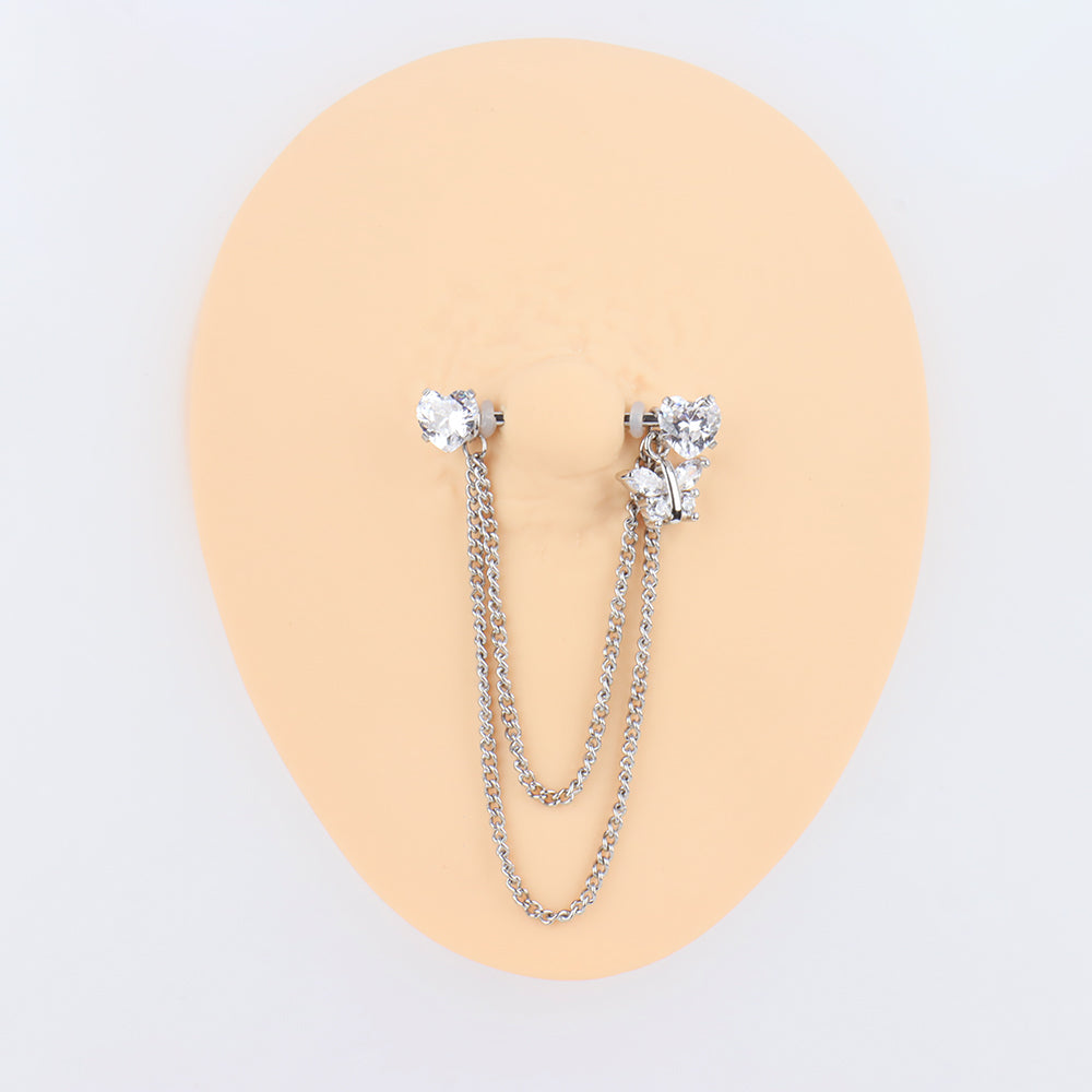 Heart Butterfly Chain Nipple Rings - Stainless Steel - Oumo Jewelry