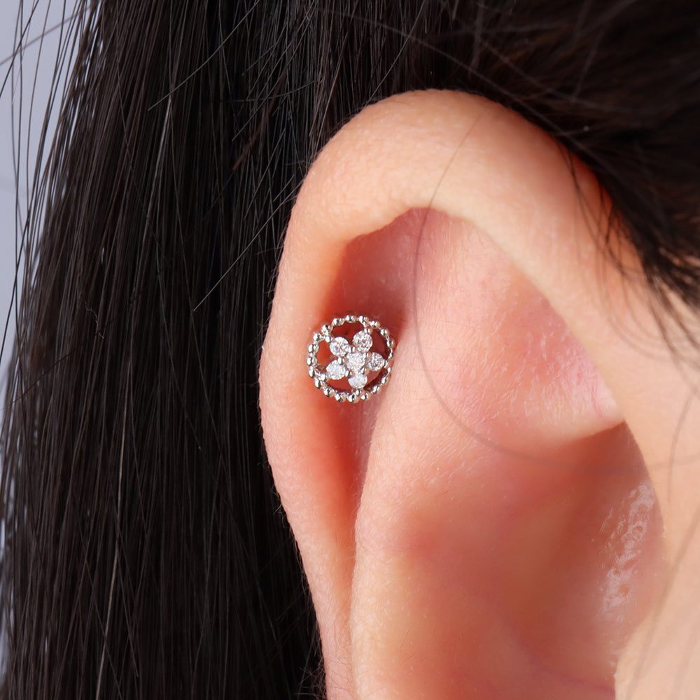 Hollow Circle Flower Stud - Stainless Steel - Upper Lobe, Helix, Flat - Oumo Jewelry
