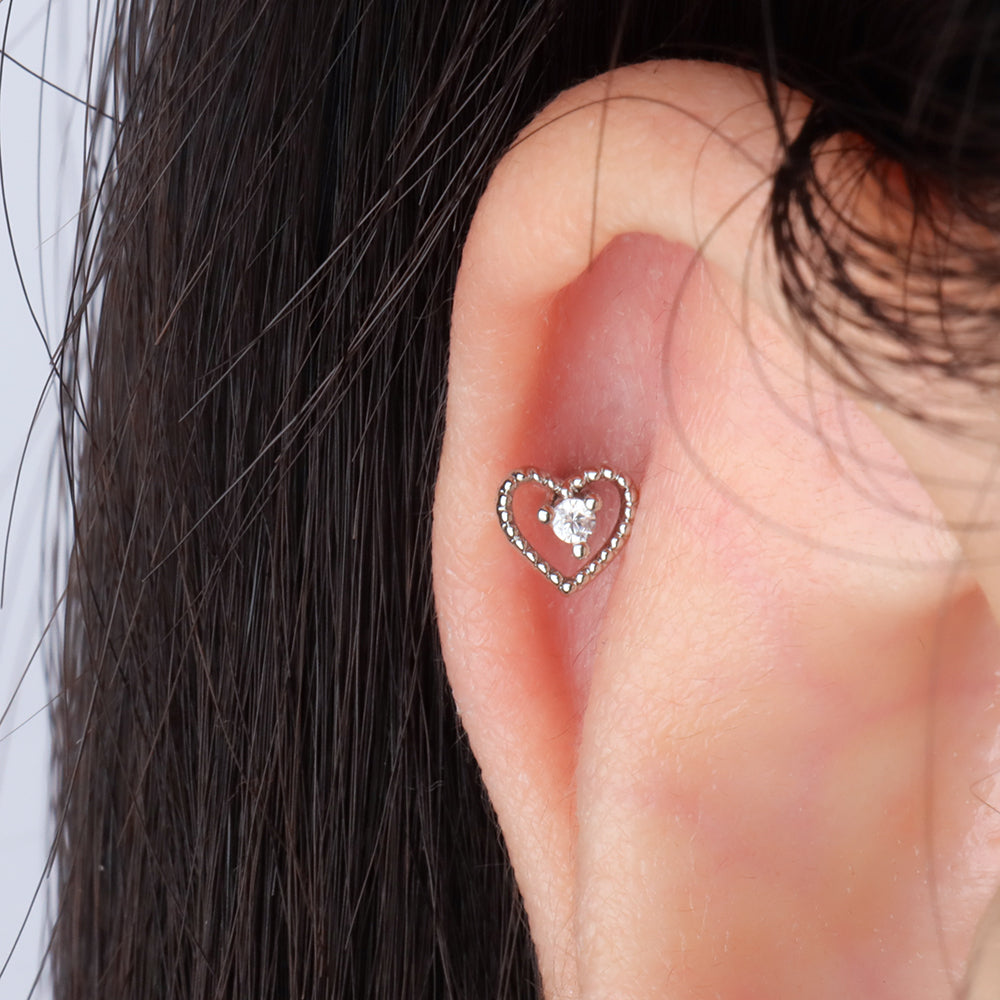 Hollow Heart Stud - Stainless Steel - Upper Lobe, Helix, Flat - Oumo Jewelry