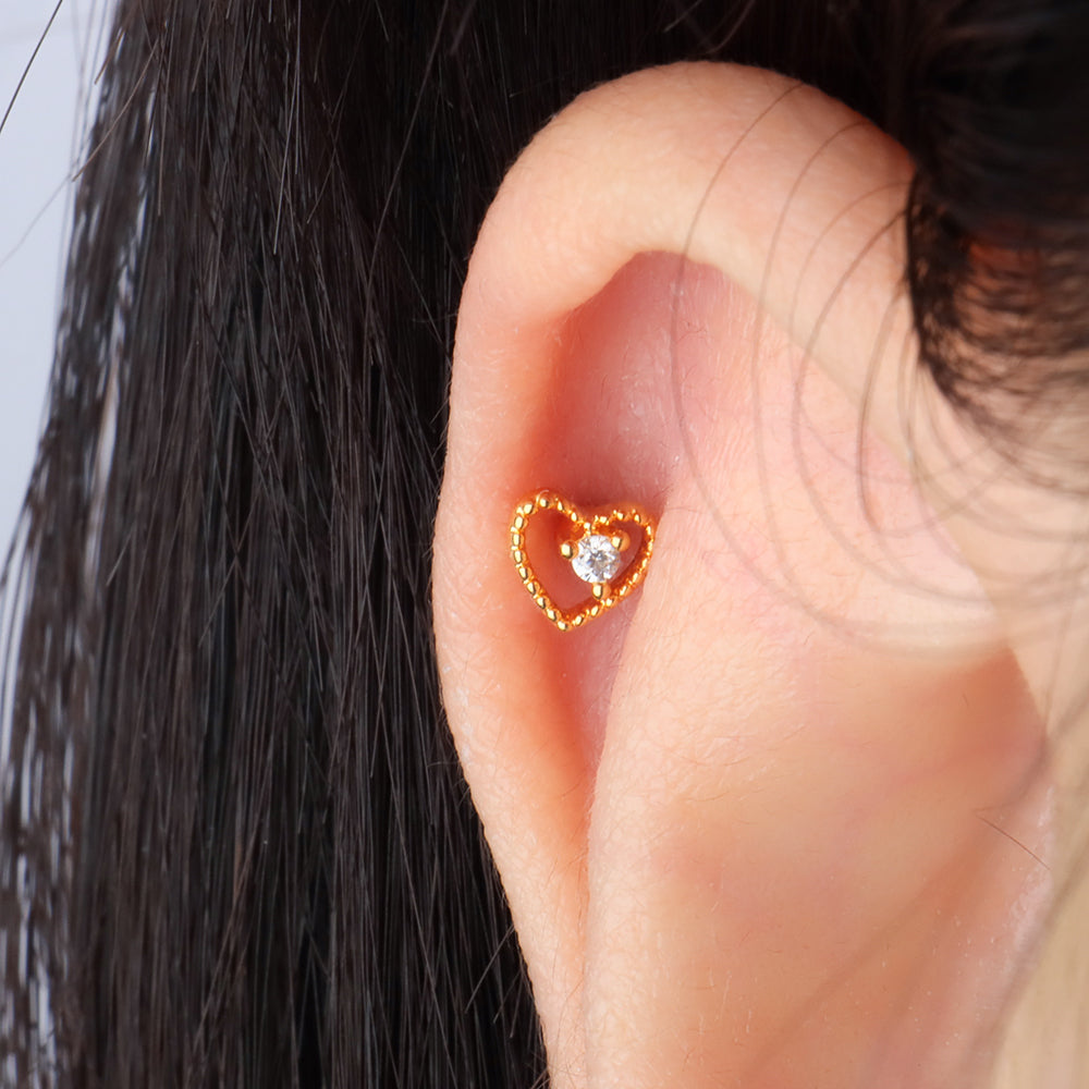 Hollow Heart Stud - Stainless Steel - Upper Lobe, Helix, Flat - Oumo Jewelry
