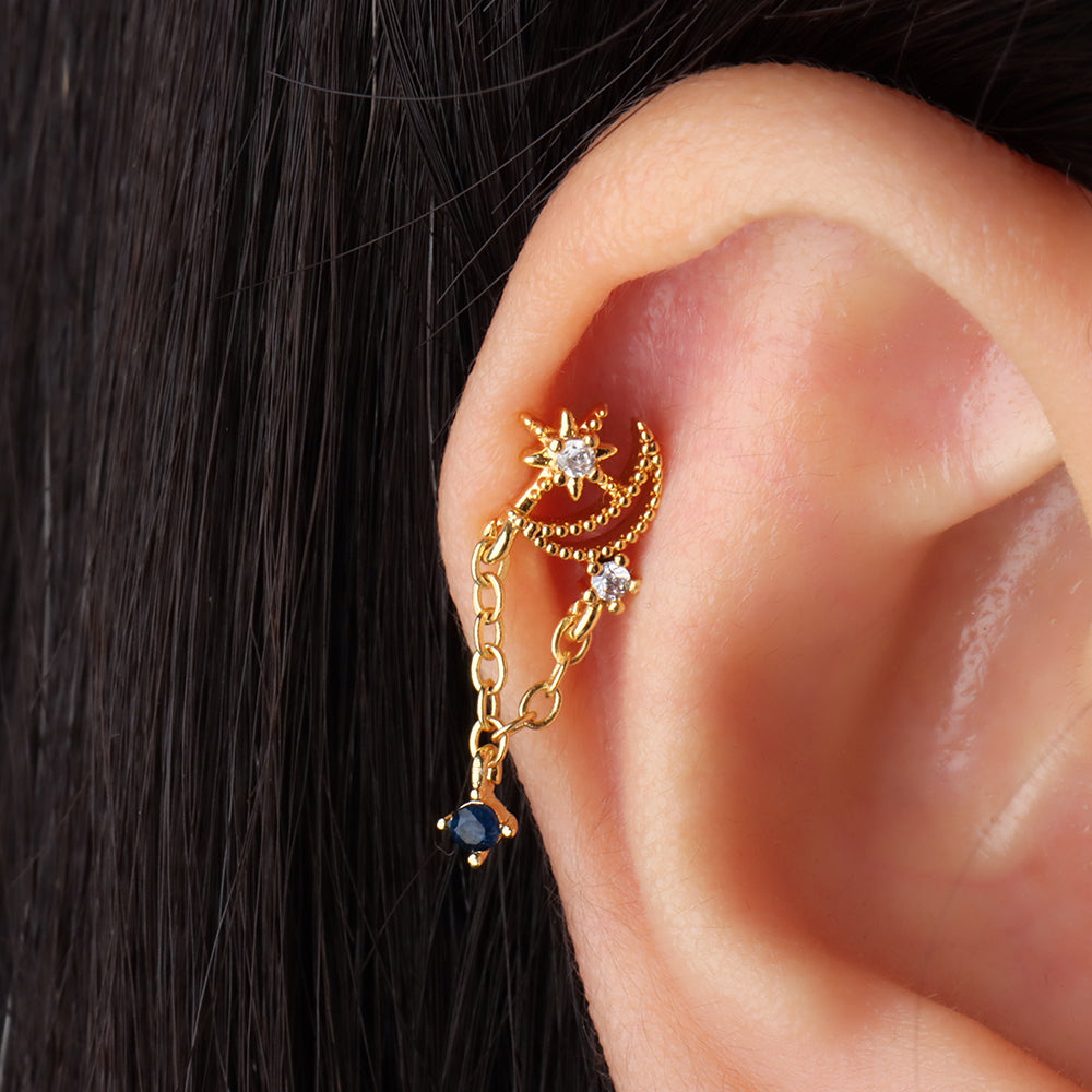 Moon &amp; Star Chain Earring - OhmoJewelry