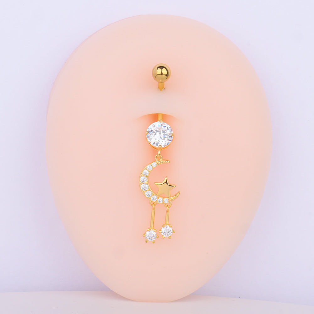 Moon & Star Pendant Belly Ring - Stainless Steel - Navel - Oumo Jewelry