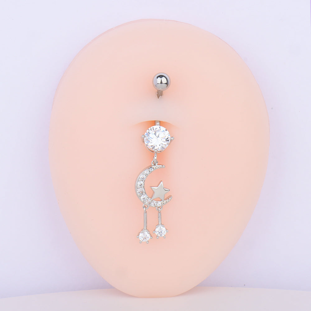 Moon & Star Pendant Belly Ring - Stainless Steel - Navel - Oumo Jewelry
