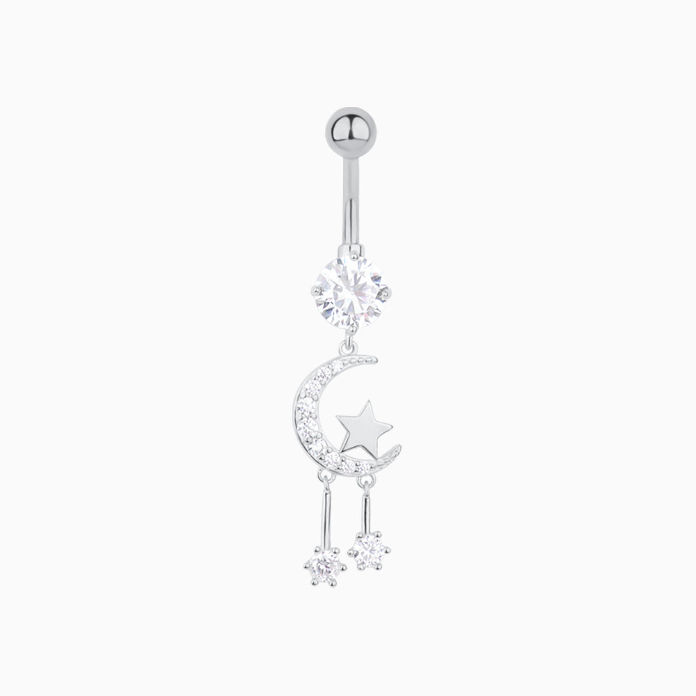 Moon & Star Pendant Belly Ring - Stainless Steel - Navel - Oumo Jewelry