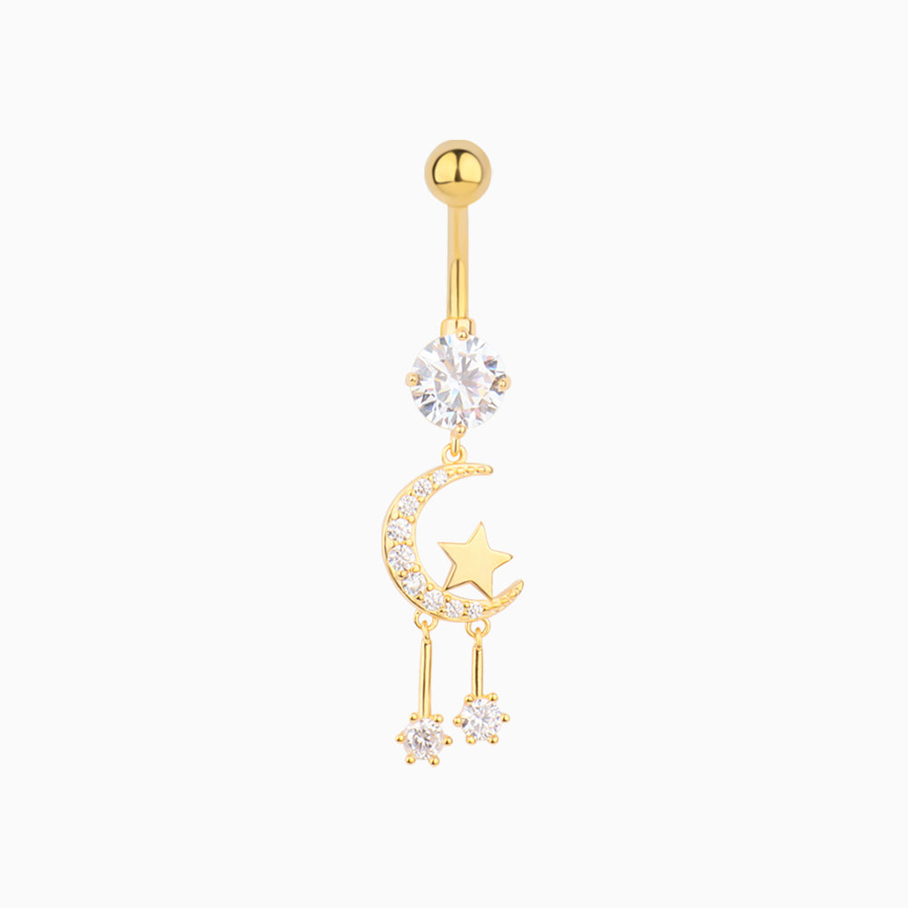 Moon & Star Pendant Belly Ring - Stainless Steel - Navel - Oumo Jewelry