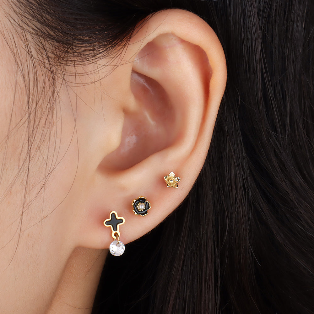 Pearl Enamel Flower Stud - Stainless Steel - Upper Lobe, Helix, Flat - Oumo Jewelry