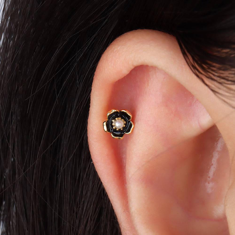 Pearl Enamel Flower Stud - Stainless Steel - Upper Lobe, Helix, Flat - Oumo Jewelry