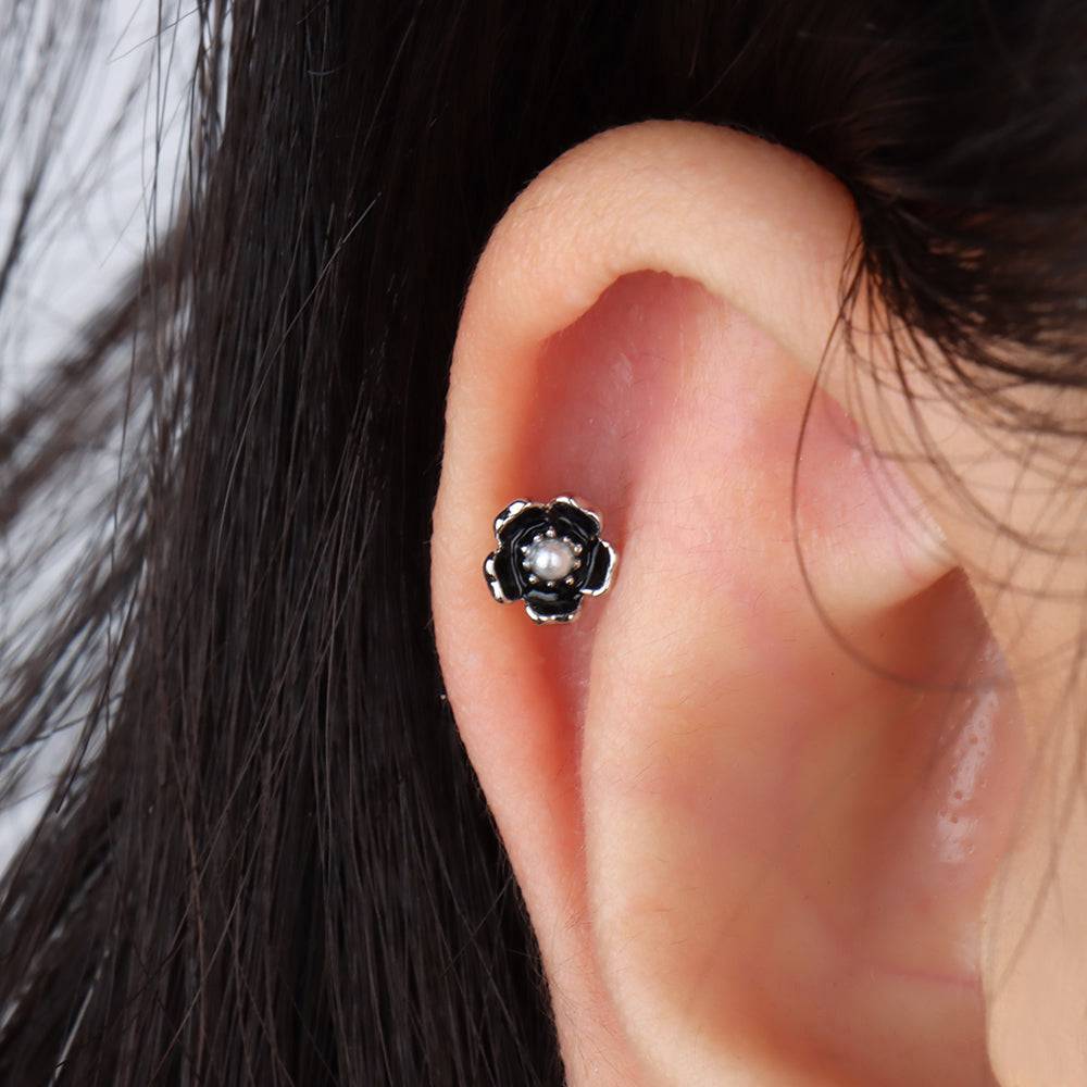 Pearl Enamel Flower Stud - Stainless Steel - Upper Lobe, Helix, Flat - Oumo Jewelry