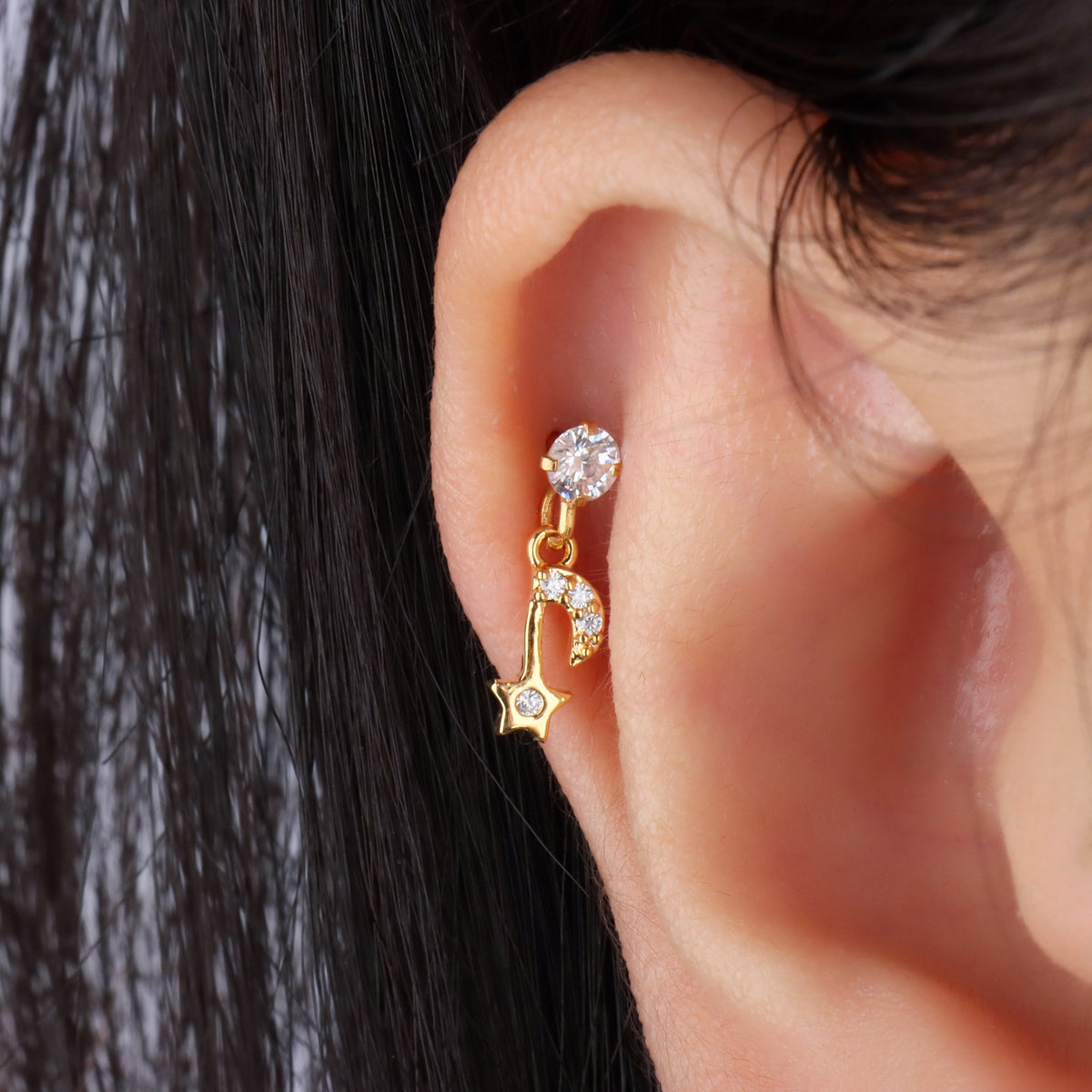 Petite Moon & Star Drop - Stainless Steel - Flat, Upper Lobe - Oumo Jewelry