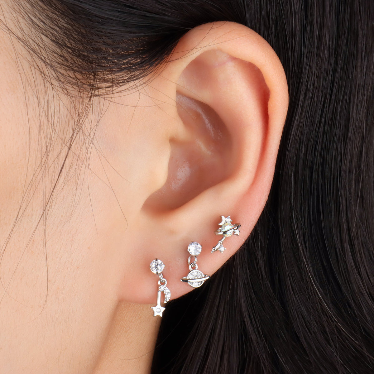 Petite Moon & Star Drop - Stainless Steel - Flat, Upper Lobe - Oumo Jewelry