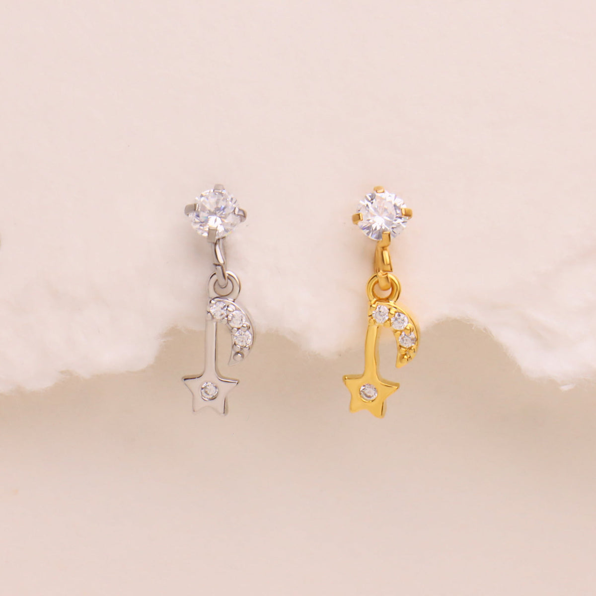 Petite Moon & Star Drop - Stainless Steel - Flat, Upper Lobe - Oumo Jewelry