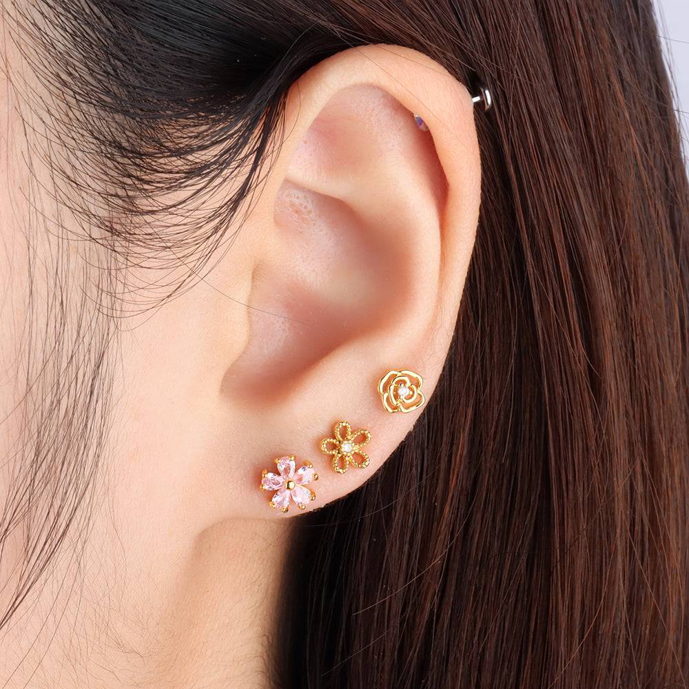 Pink Flower Stud - Stainless Steel - Upper Lobe, Helix - Oumo Jewelry