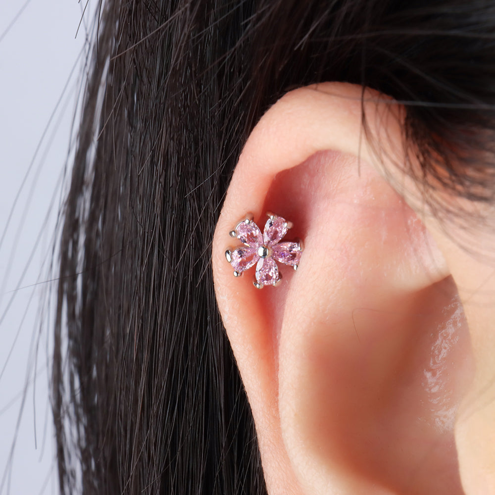 Pink Flower Stud - Stainless Steel - Upper Lobe, Helix - Oumo Jewelry