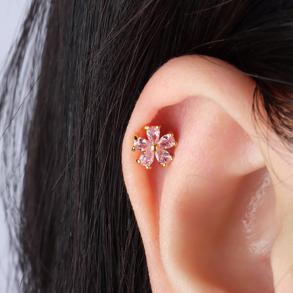 Pink Flower Stud - Stainless Steel - Upper Lobe, Helix - Oumo Jewelry