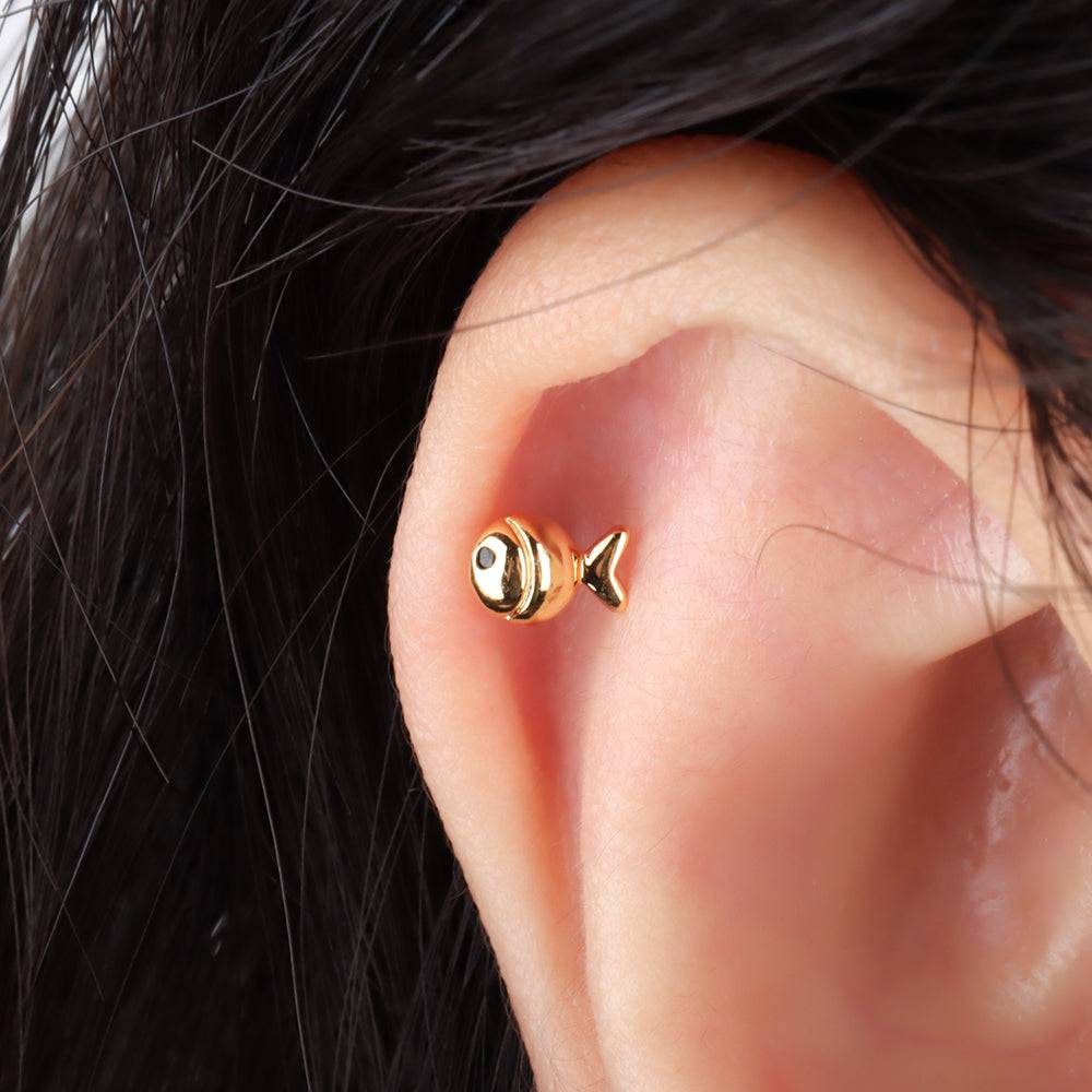 Puffed Cute Fish Stud - Stainless Steel - Upper Lobe, Helix, Flat - Oumo Jewelry