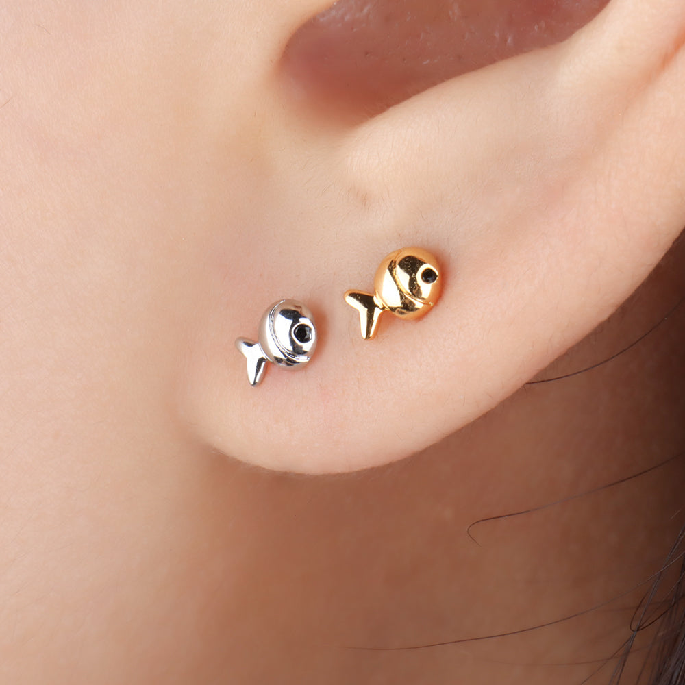 Puffed Cute Fish Stud - Stainless Steel - Upper Lobe, Helix, Flat - Oumo Jewelry