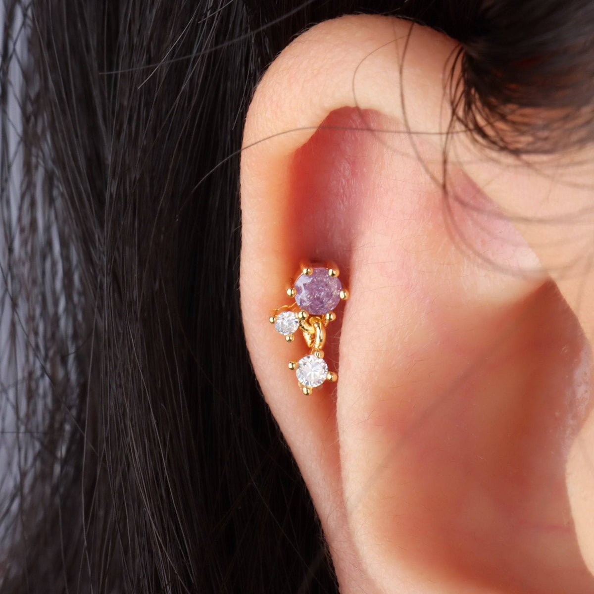 Alluring Purple Gemstone Drop - Stainless Steel - Upper Lobe, Helix, Flat - Oumo Jewelry