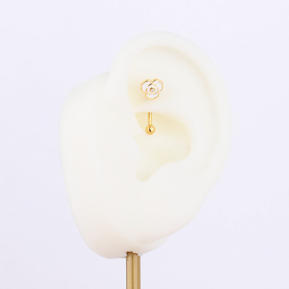 Rose Flower Curved Barbell - Stainless Steel - Rook, Eyebrow, Anti-Tragus - Oumo Jewelry