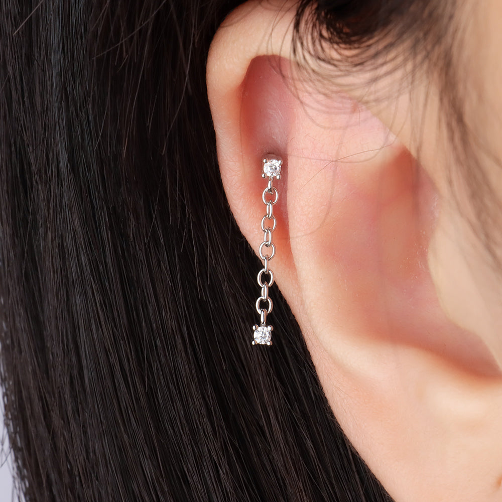 Round Gemstone Chain Earring - Stainless Steel - Flat, Upper Lobe, Lobe - Oumo Jewelry