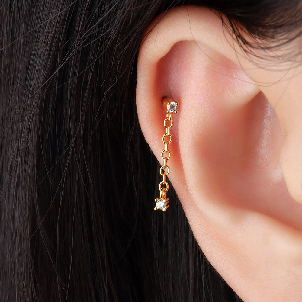 Round Gemstone Chain Earring - Stainless Steel - Flat, Upper Lobe, Lobe - Oumo Jewelry