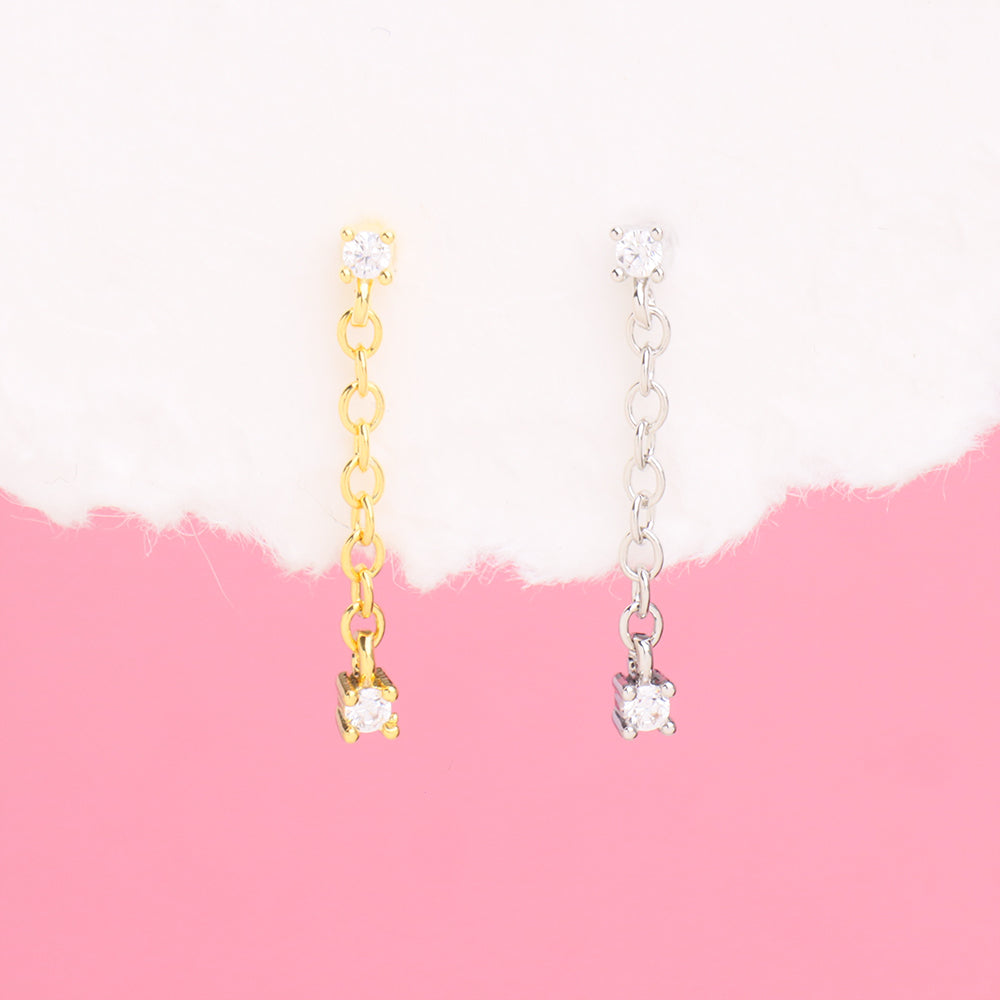 Round Gemstone Chain Earring - Stainless Steel - Flat, Upper Lobe, Lobe - Oumo Jewelry