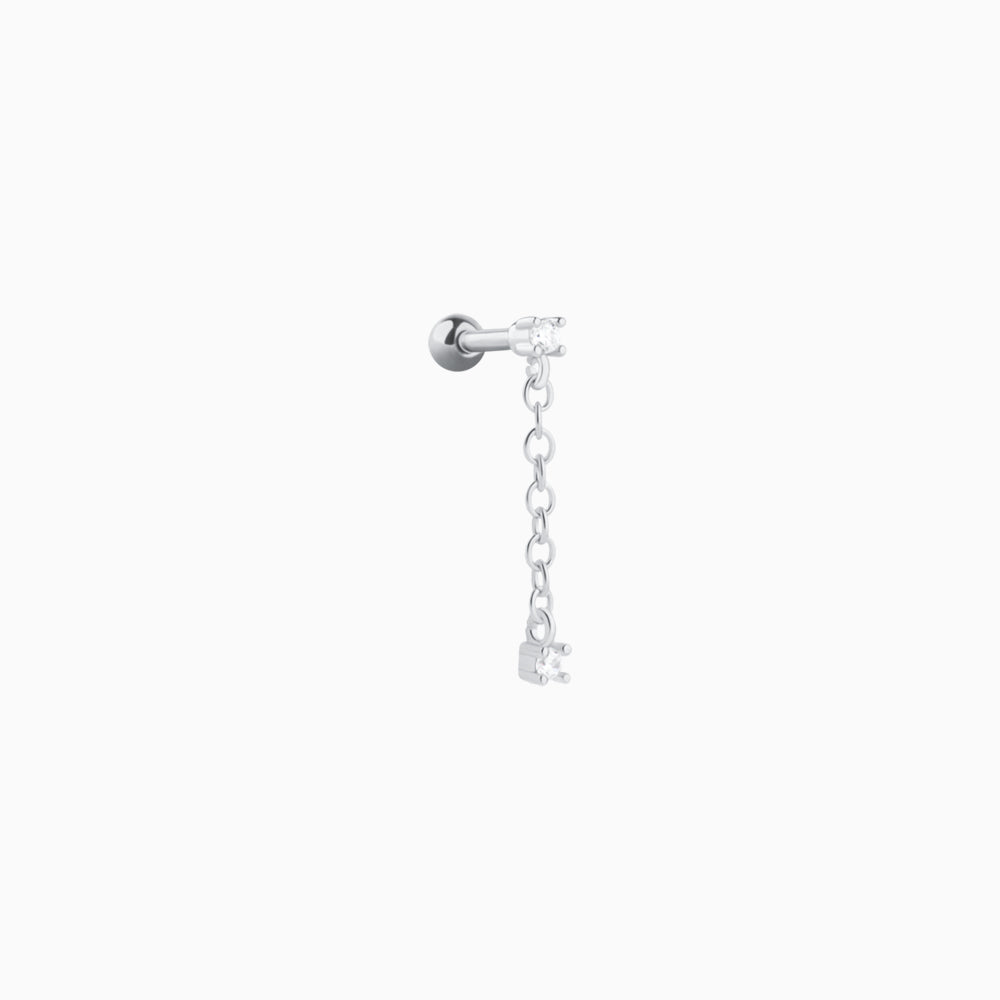 Round Gemstone Chain Earring - Stainless Steel - Flat, Upper Lobe, Lobe - Oumo Jewelry