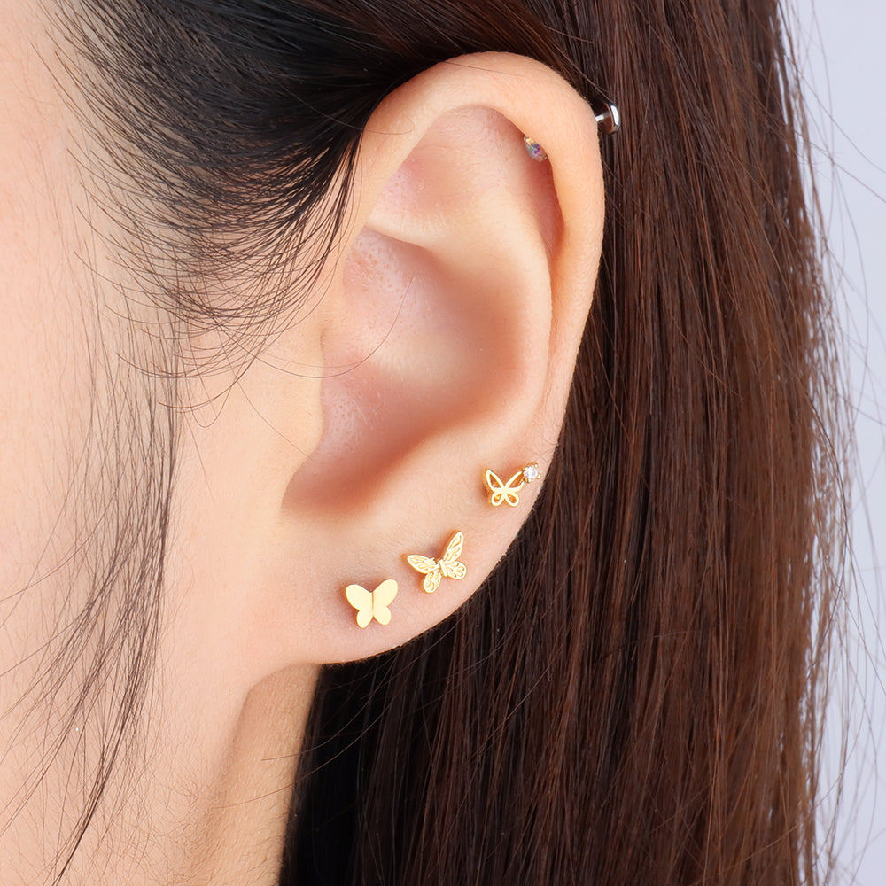 Simple Butterfly Stud - Stainless Steel - Upper Lobe, Helix, Flat - Oumo Jewelry