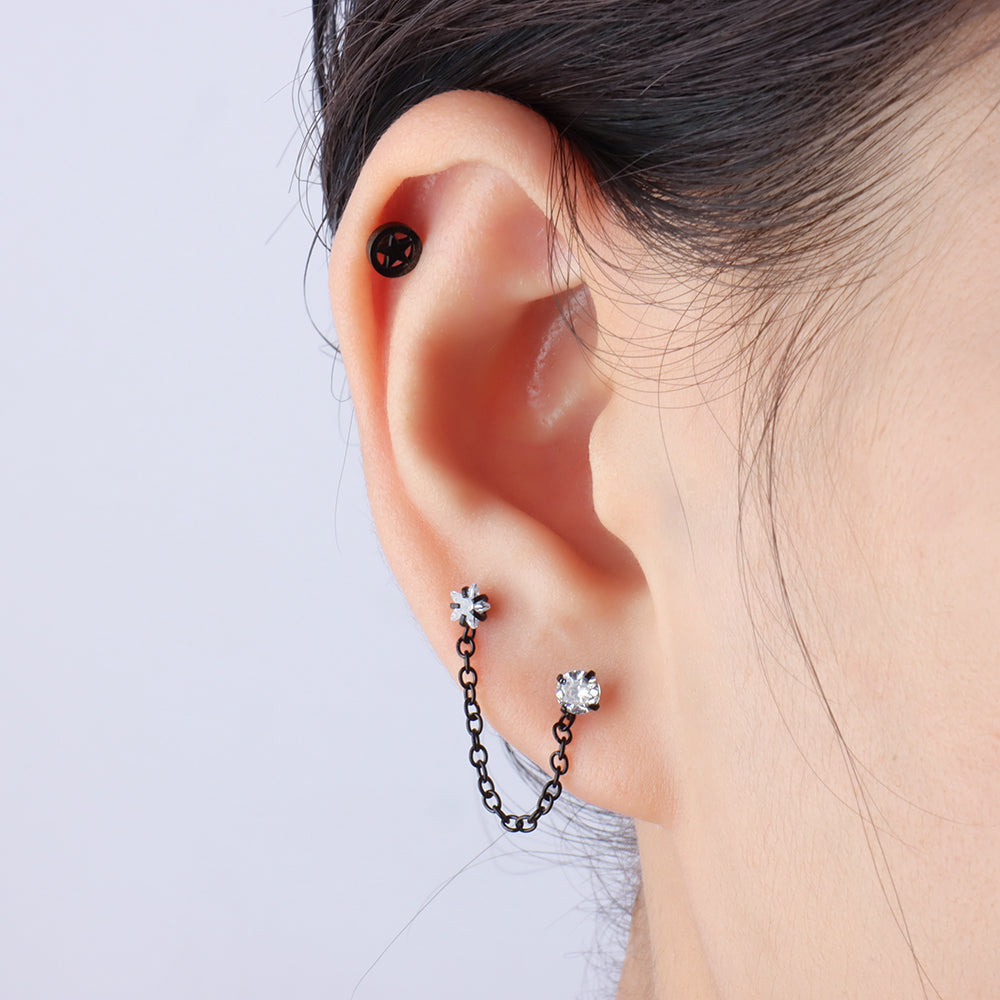 Sparkling Star Chain Earring - Stainless Steel - Lobe, Upper Lobe - Oumo Jewelry