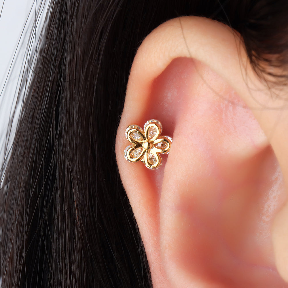 Shiny Flower Flatback Stud - Stainless Steel - Helix, Upper Lobe, Conch - Oumo Jewelry