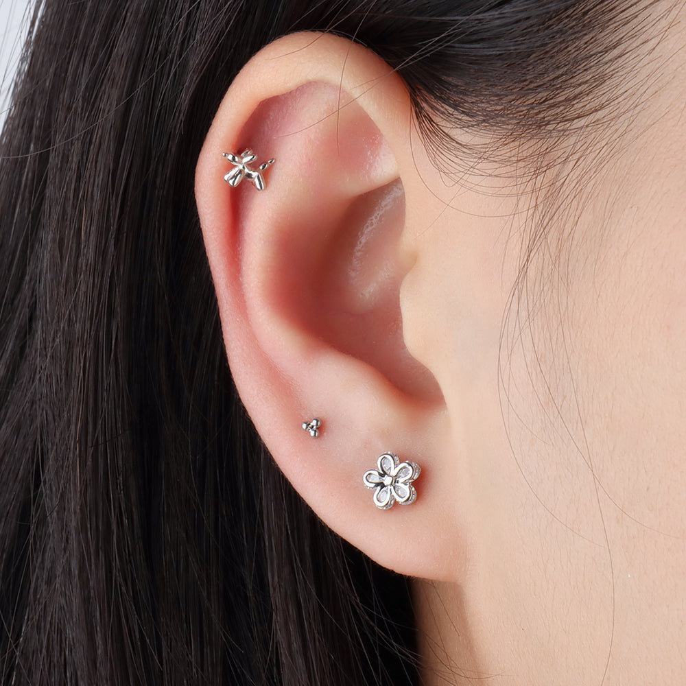 Shiny Flower Flatback Stud - Stainless Steel - Helix, Upper Lobe, Conch - Oumo Jewelry