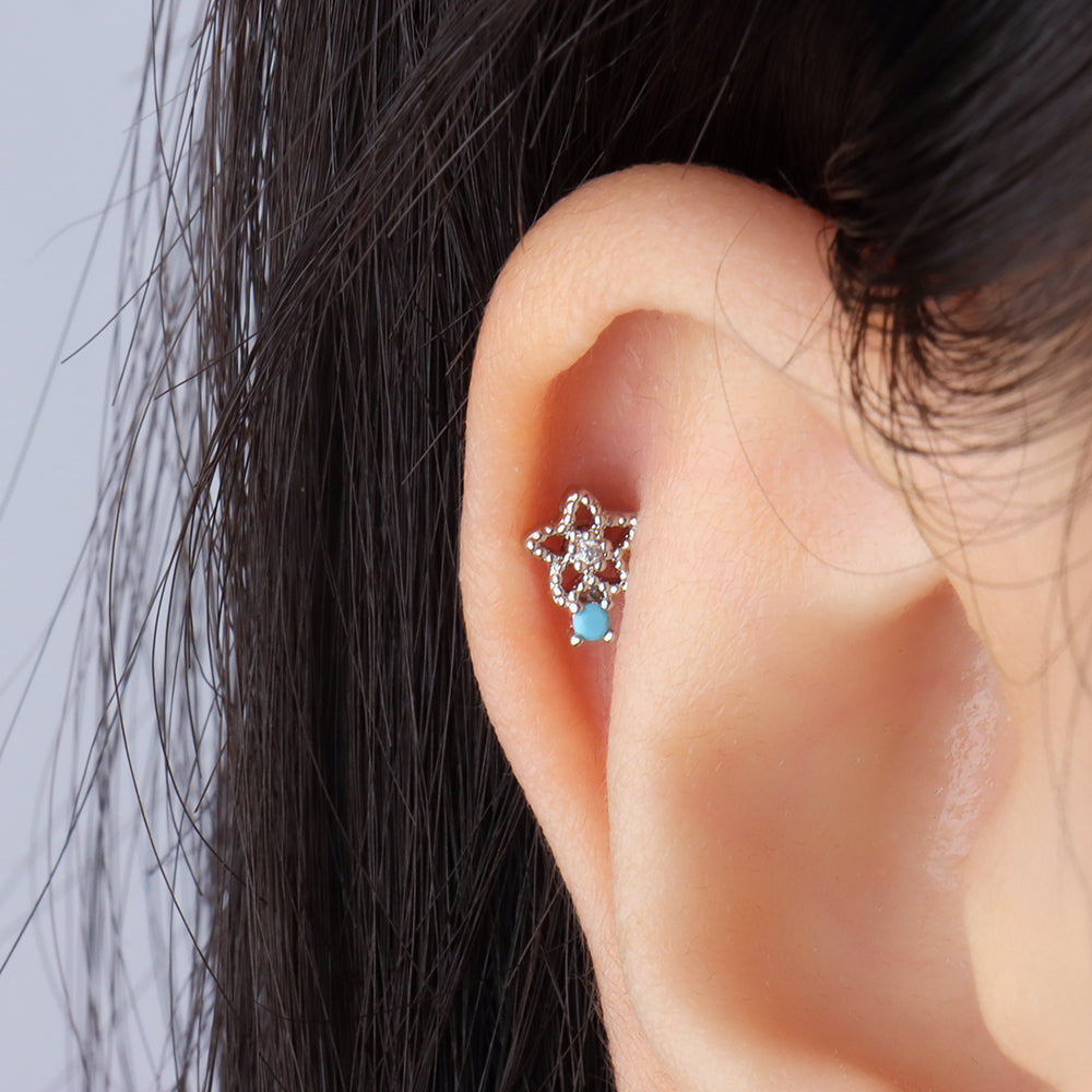 Turquoise Flower Stud - Stainless Steel - Upper Lobe, Helix, Flat - Oumo Jewelry