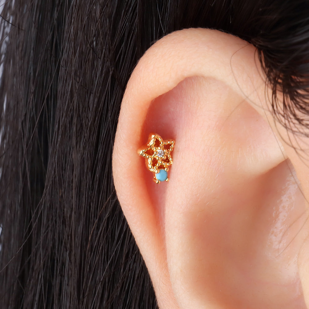 Turquoise Flower Stud - Stainless Steel - Upper Lobe, Helix, Flat - Oumo Jewelry