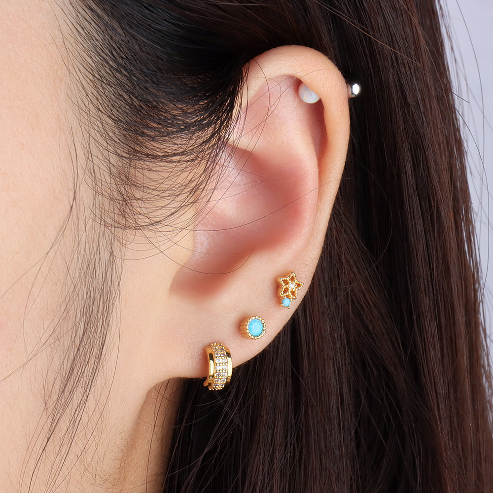 Turquoise Flower Stud - Stainless Steel - Upper Lobe, Helix, Flat - Oumo Jewelry
