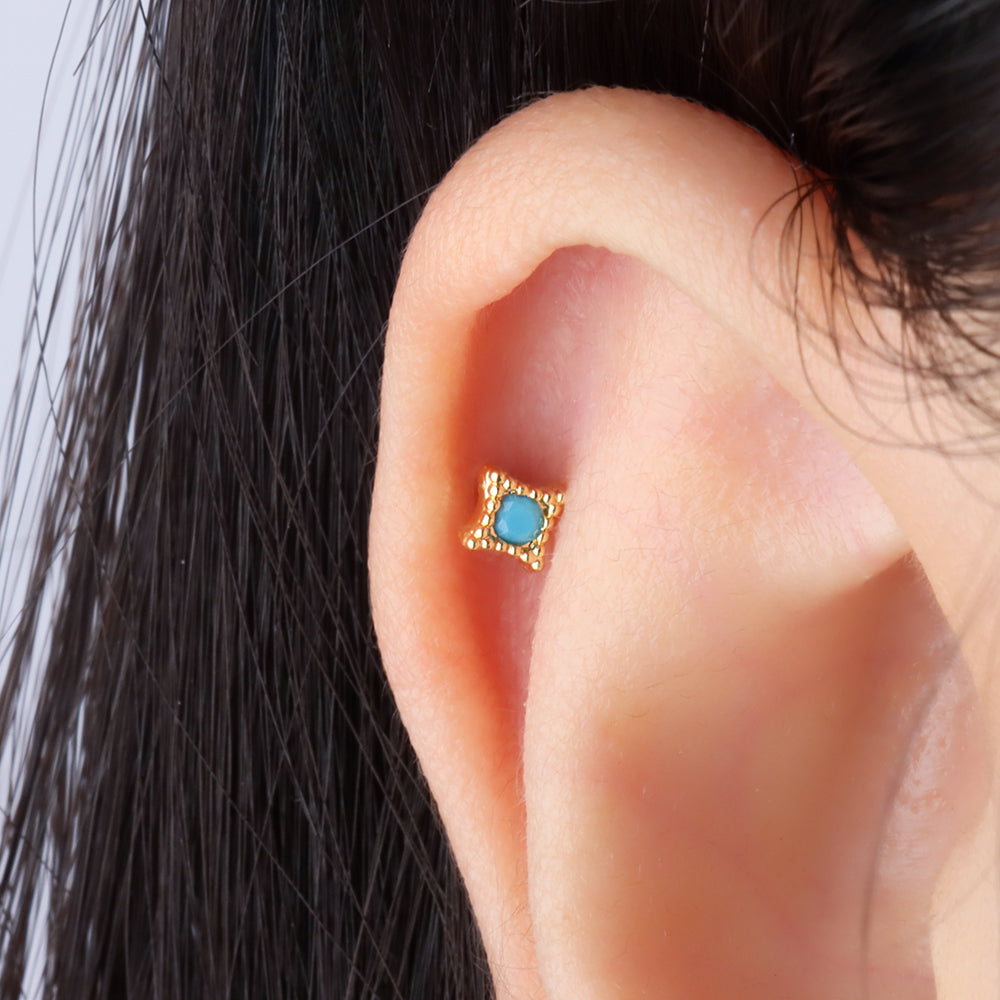 Turquoise Rhombus-shaped Stud - Stainless Steel - Upper Lobe, Helix, Flat - Oumo Jewelry