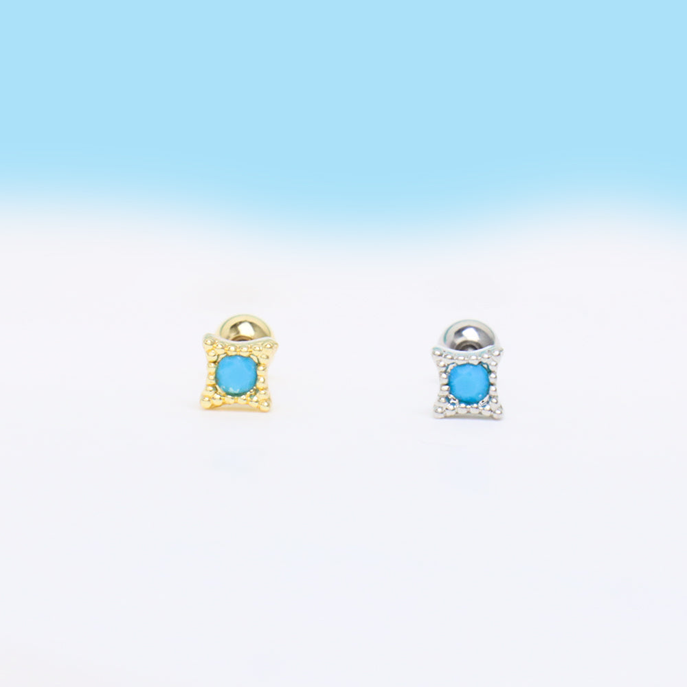 Turquoise Rhombus-shaped Stud - Stainless Steel - Upper Lobe, Helix, Flat - Oumo Jewelry
