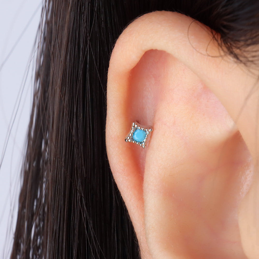 Turquoise Rhombus-shaped Stud - Stainless Steel - Upper Lobe, Helix, Flat - Oumo Jewelry