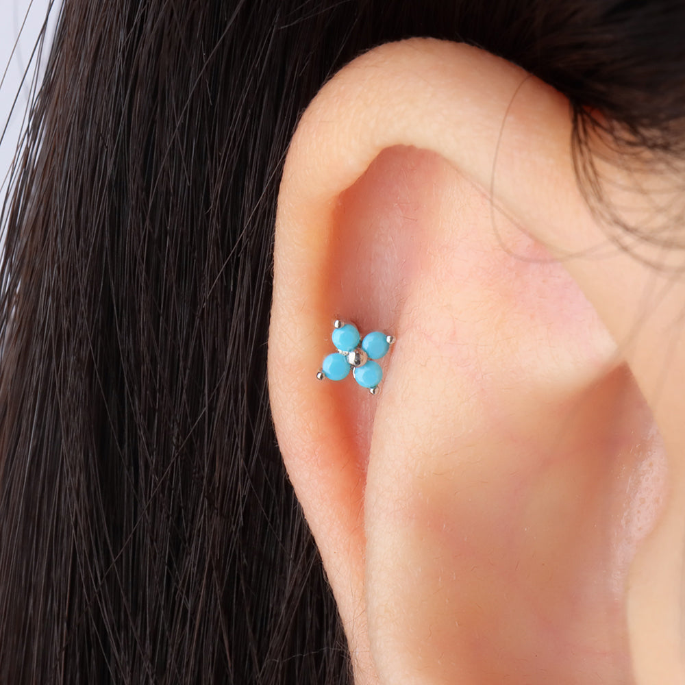 Turquoise Small Flower Stud - Stainless Steel - Upper Lobe, Helix, Flat - Oumo Jewelry