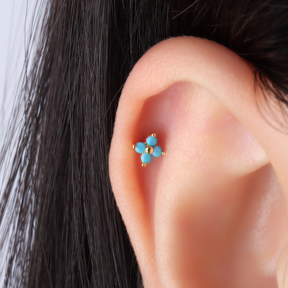 Turquoise Small Flower Stud - Stainless Steel - Upper Lobe, Helix, Flat - Oumo Jewelry