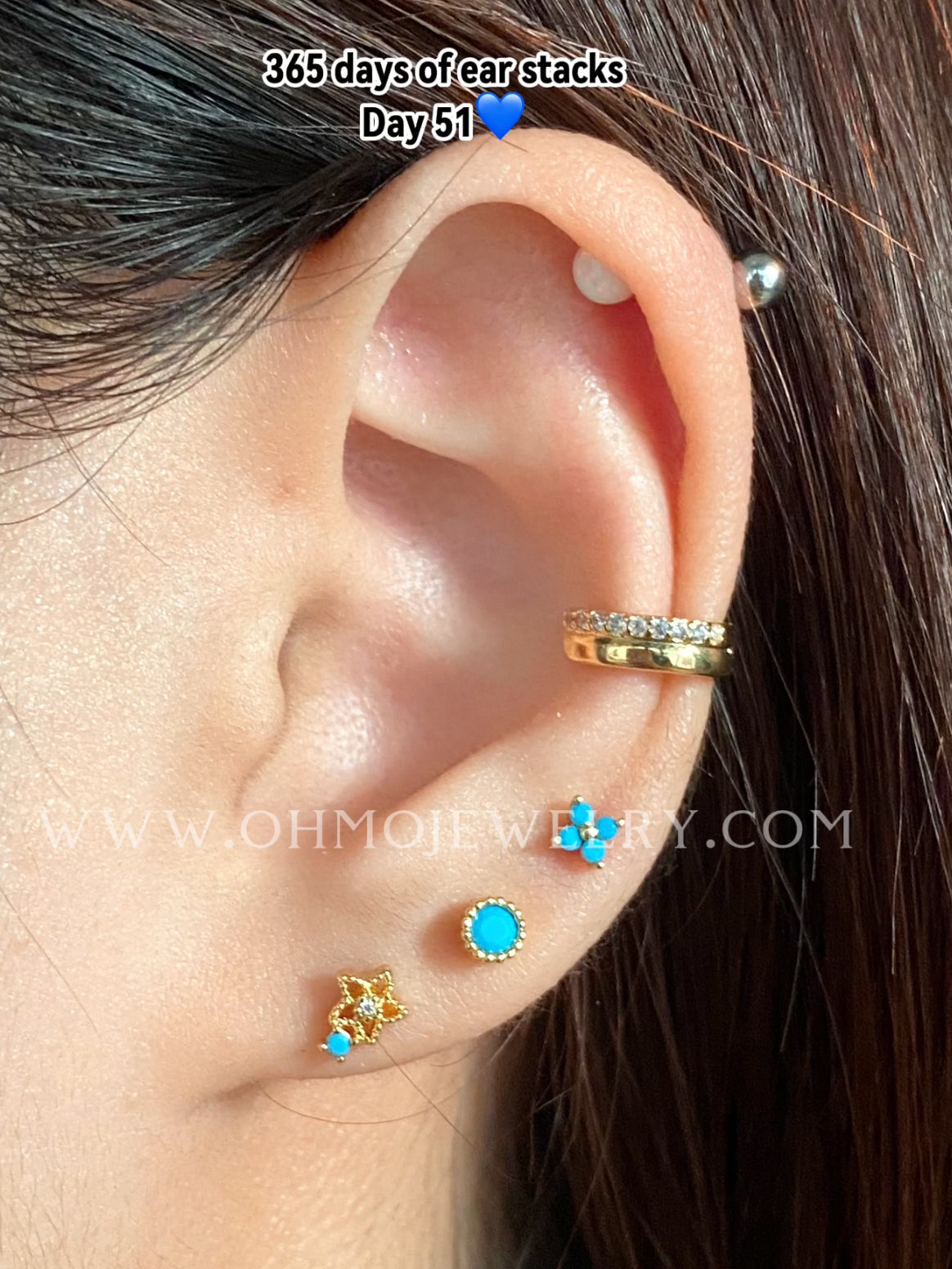 Turquoise Small Flower Stud - Stainless Steel - Upper Lobe, Helix, Flat - Oumo Jewelry
