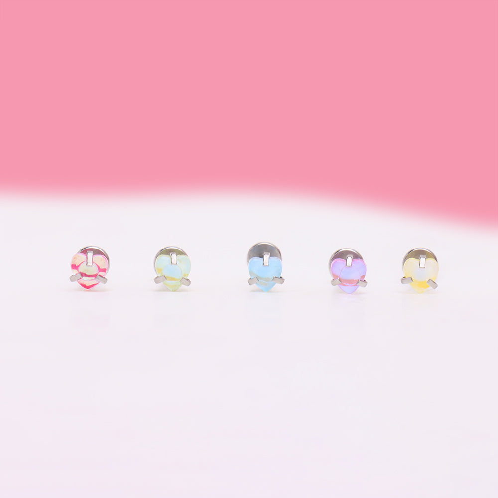 Colorful Gem Heart Flatback Stud - Stainless Steel - Helix, Forward Helix, Upper Lobe - Oumo Jewelry