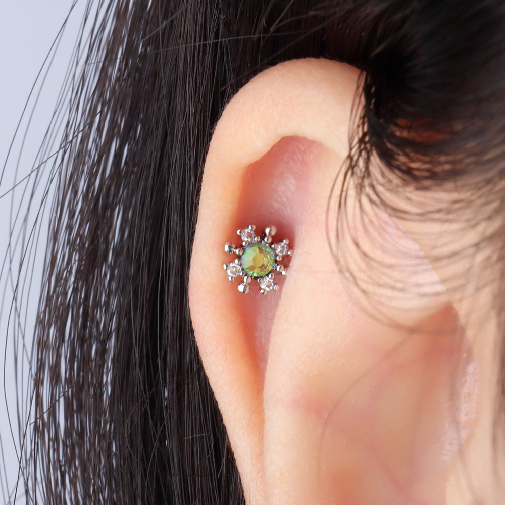 Colored Gem Snowflake Stud - Stainless Steel - Upper Lobe, Helix, Flat - Oumo Jewelry